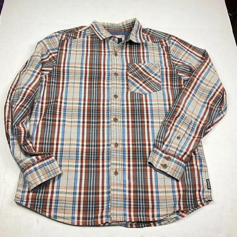 Prana Mens Button Up Shirt Plaid Long Sleeve Casual Organic Cotton Top MEDIUM